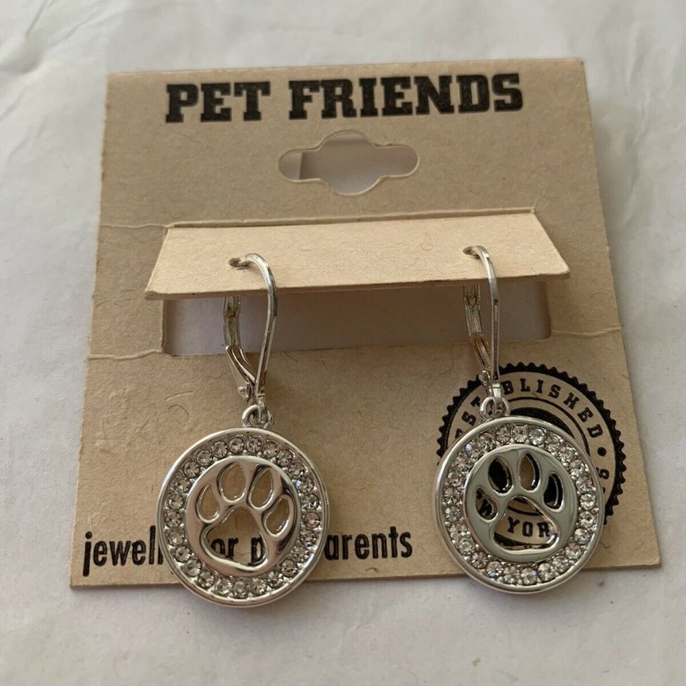 Pet Friends Dog Paw Silver-Tone Crystal Earrings